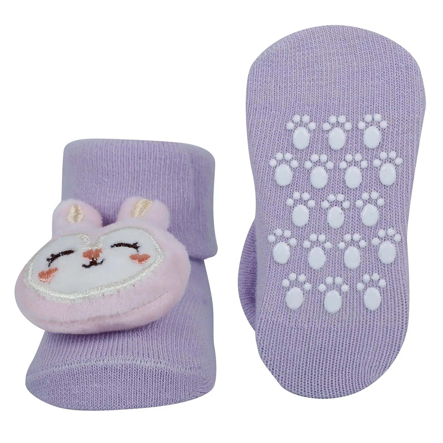 Baby Moo Bunny 3D Rattle Anti-Skid Socks Booties Pack of 6 - Pink