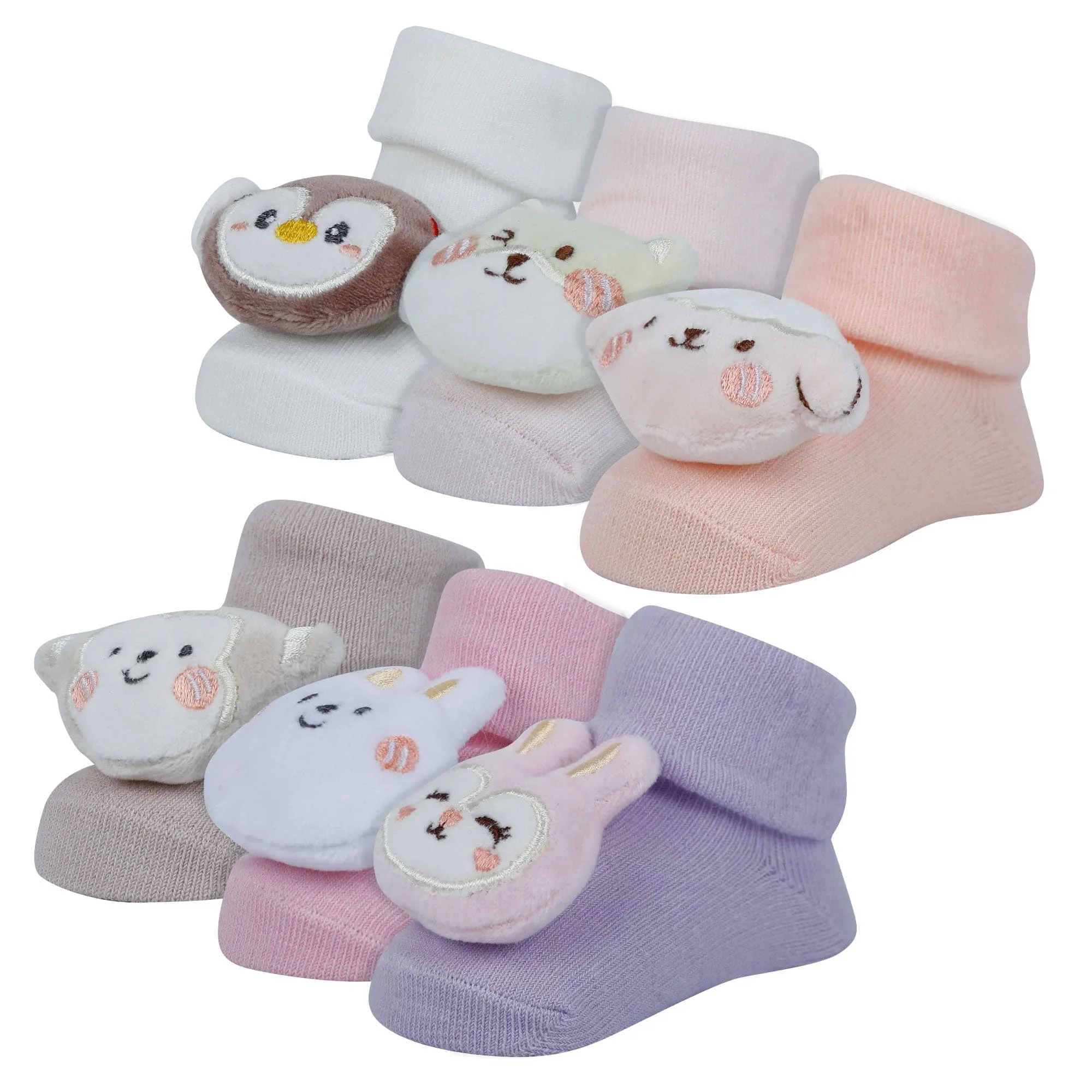 Baby Moo Bunny 3D Rattle Anti-Skid Socks Booties Pack of 6 - Pink