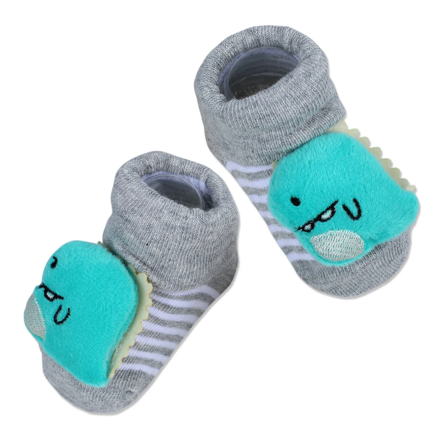 Baby Moo Dino Cotton Anti-Skid 3D Socks - Grey