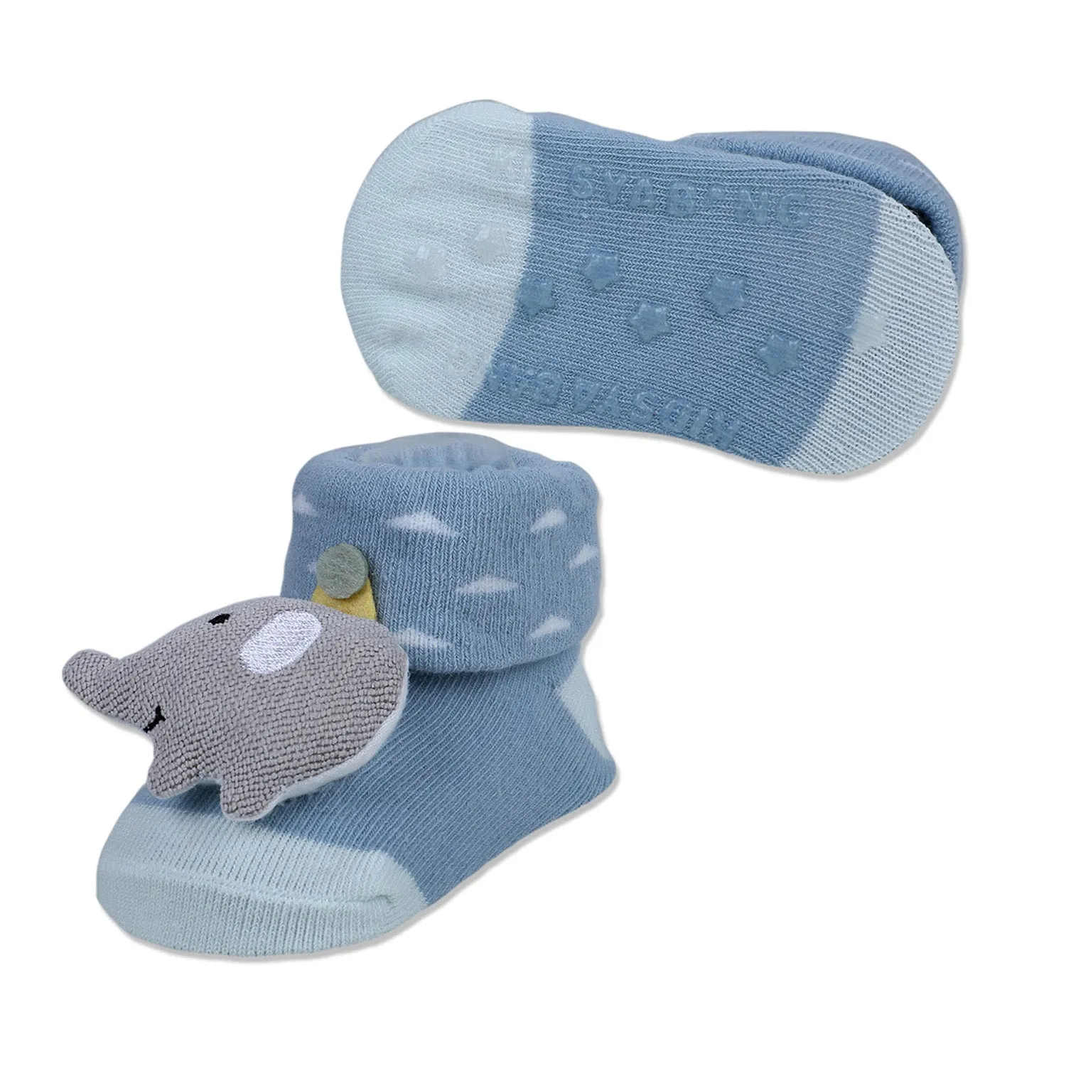 Baby Moo Elephant Explorer Cotton Anti-Skid 3D Socks - Blue