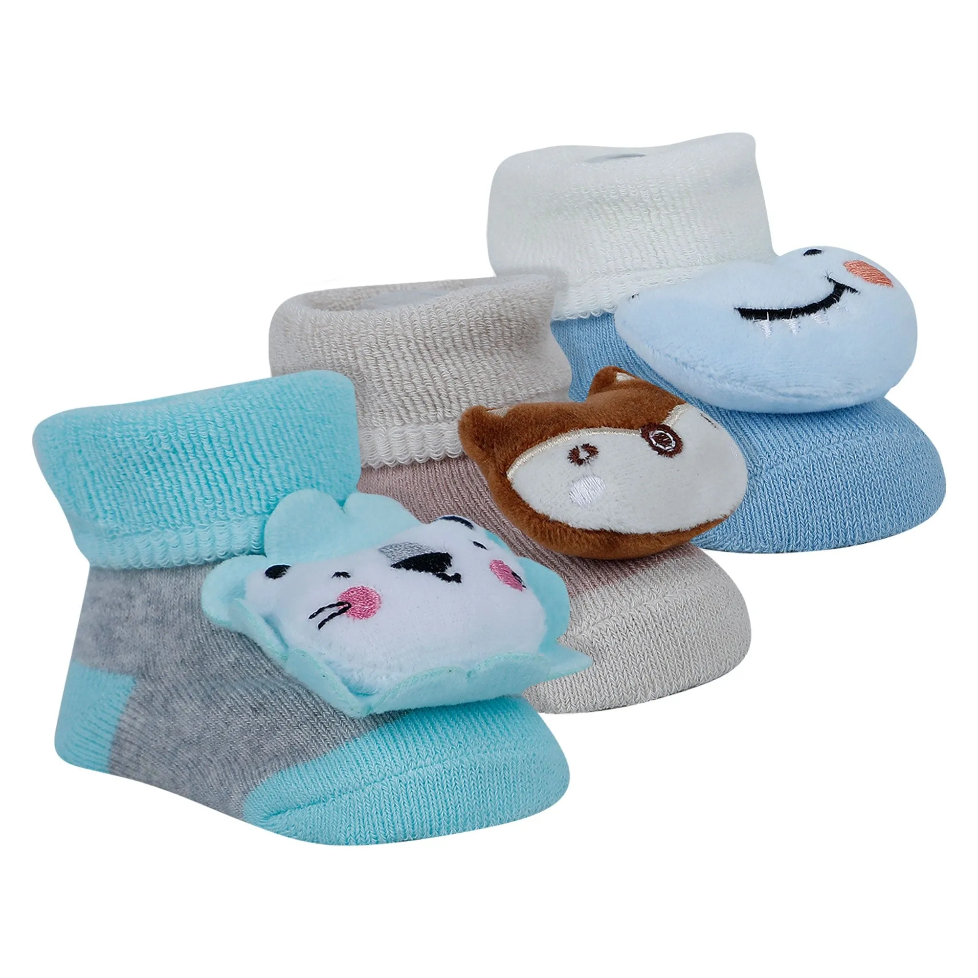 Baby Moo Fox Alligator 3D Rattle Anti-Skid Socks Booties Pack of 3 - Blue