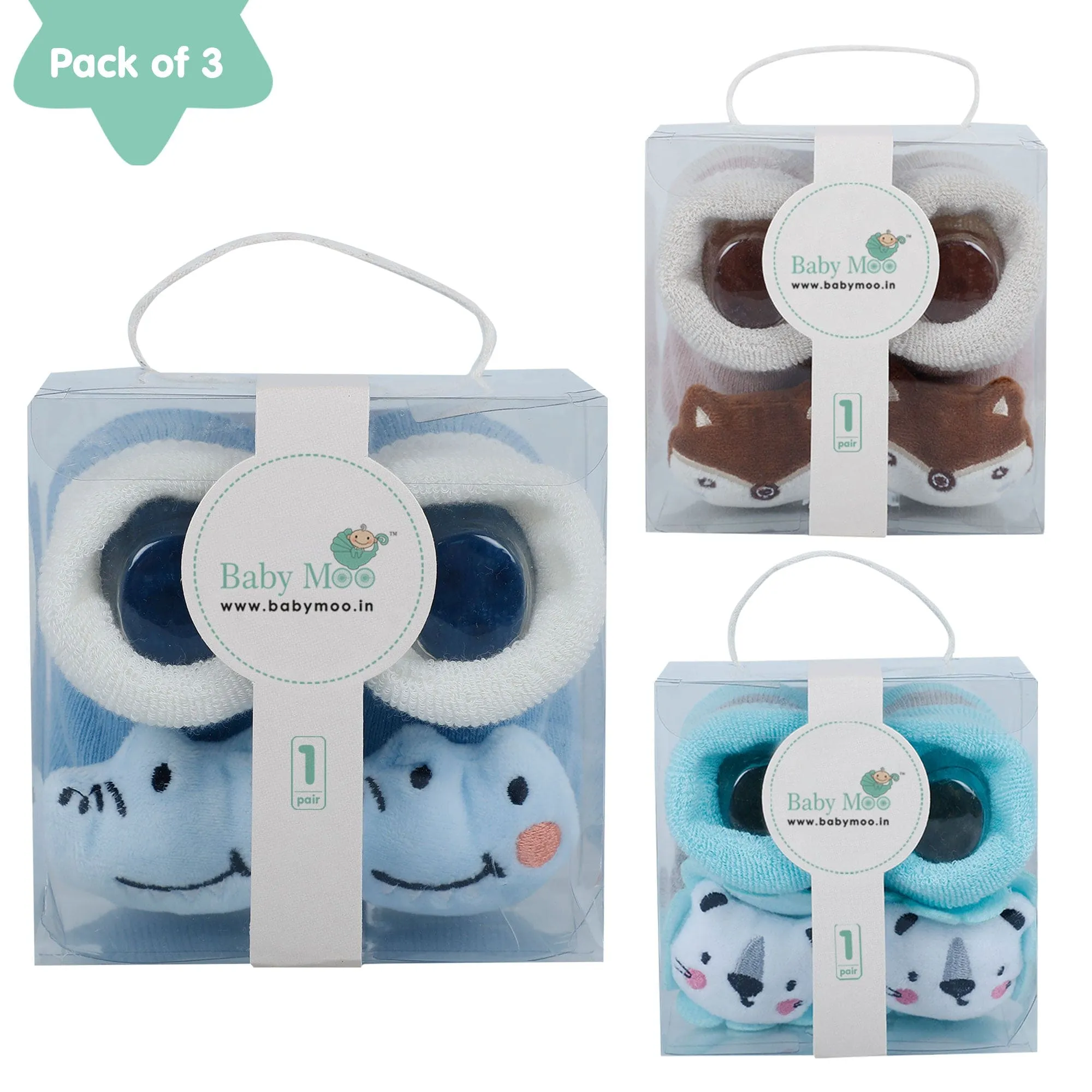 Baby Moo Fox Alligator 3D Rattle Anti-Skid Socks Booties Pack of 3 - Blue