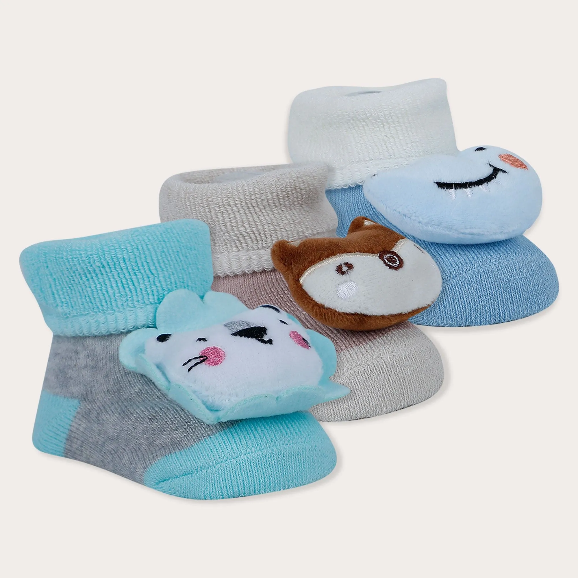 Baby Moo Fox Alligator 3D Rattle Anti-Skid Socks Booties Pack of 3 - Blue