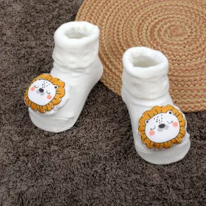 Baby Moo Sleepy Lion Cotton Anti-Skid 3D Socks - White