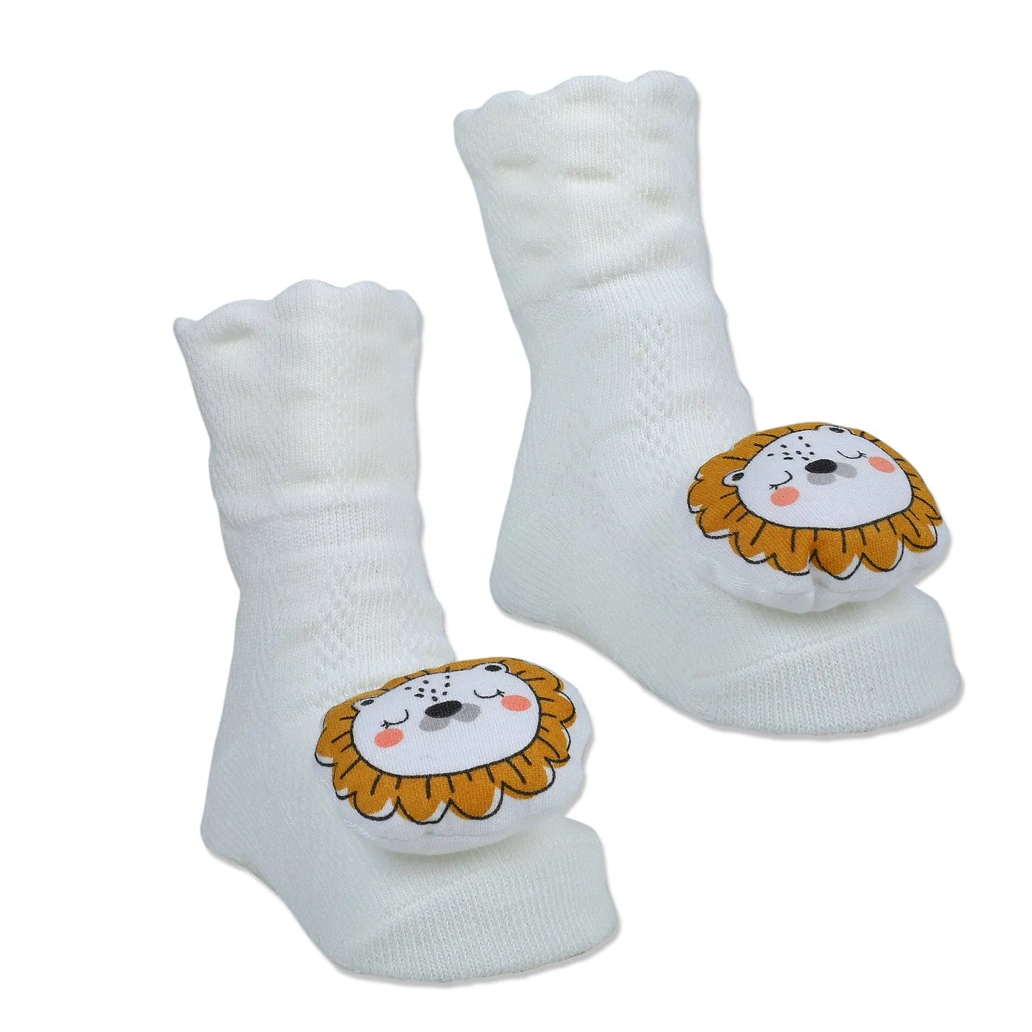 Baby Moo Sleepy Lion Cotton Anti-Skid 3D Socks - White