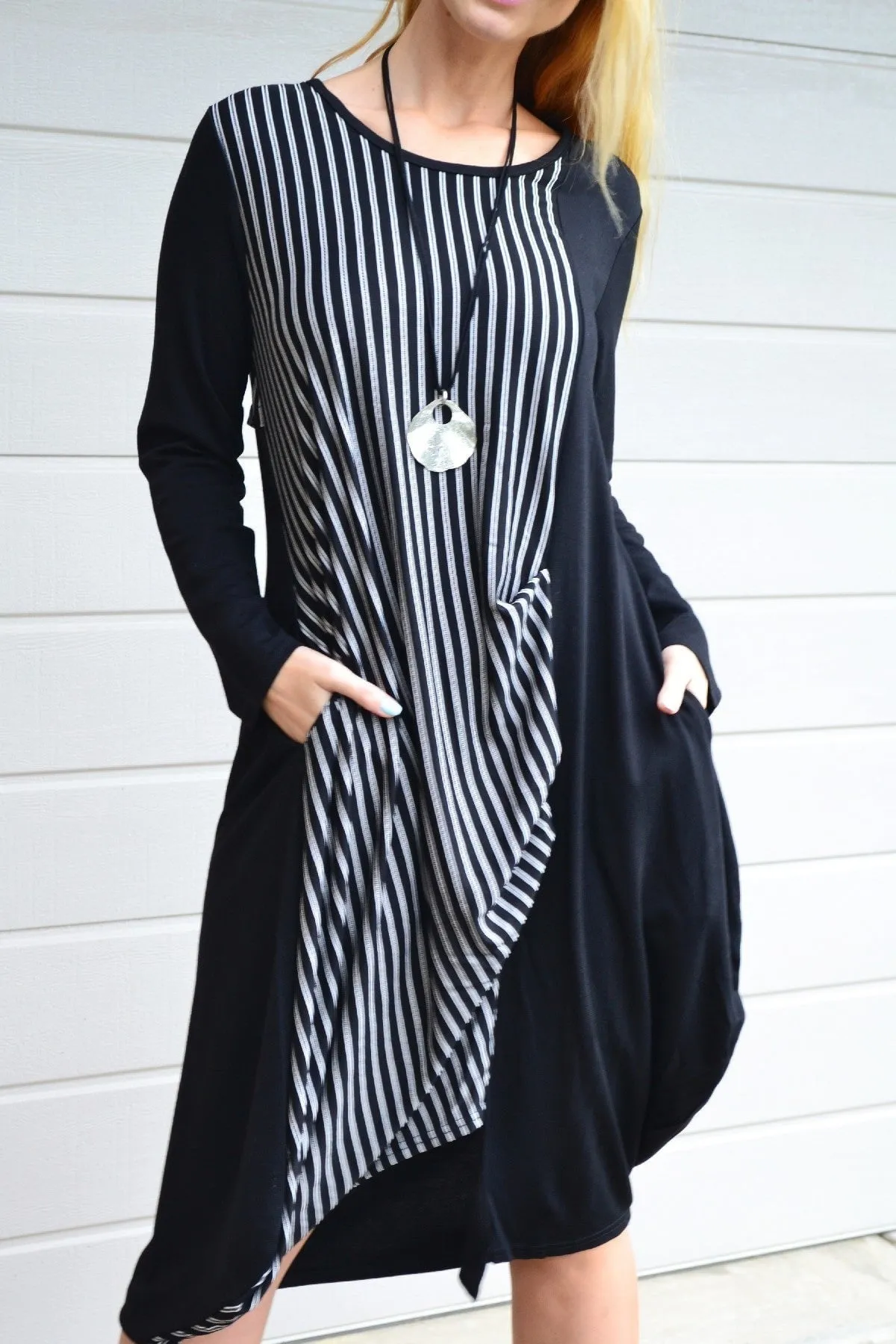 Black 3/4 Sleeve Stripe Jersey Tunic Dress