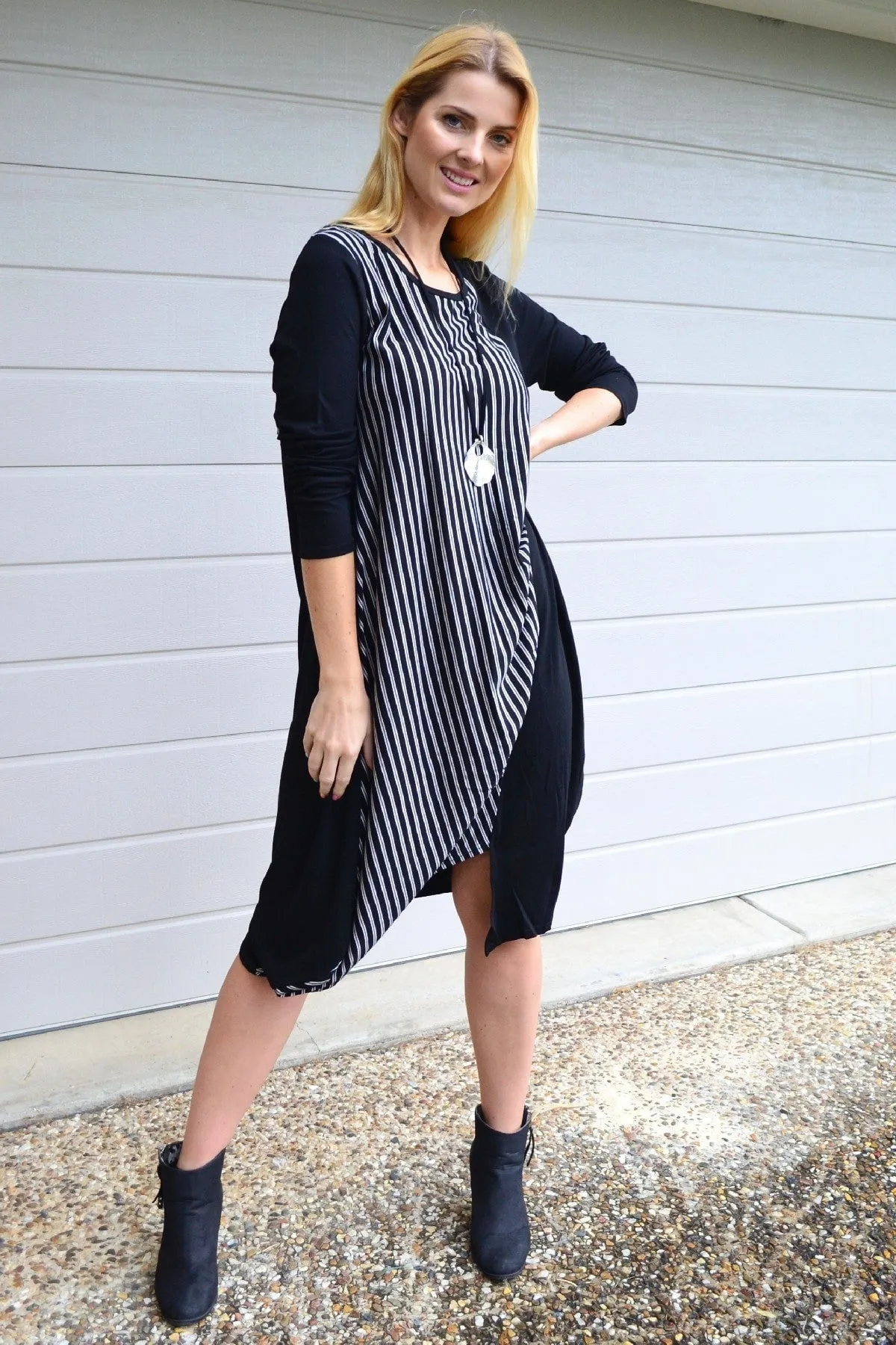 Black 3/4 Sleeve Stripe Jersey Tunic Dress