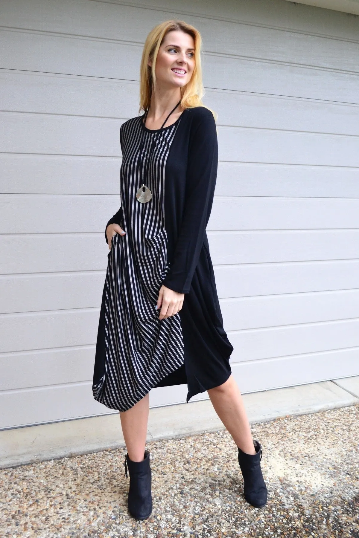 Black 3/4 Sleeve Stripe Jersey Tunic Dress