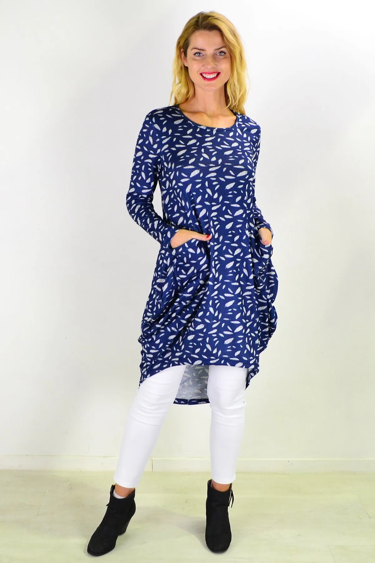 Blue Floating Leaf Knit Tunic Top