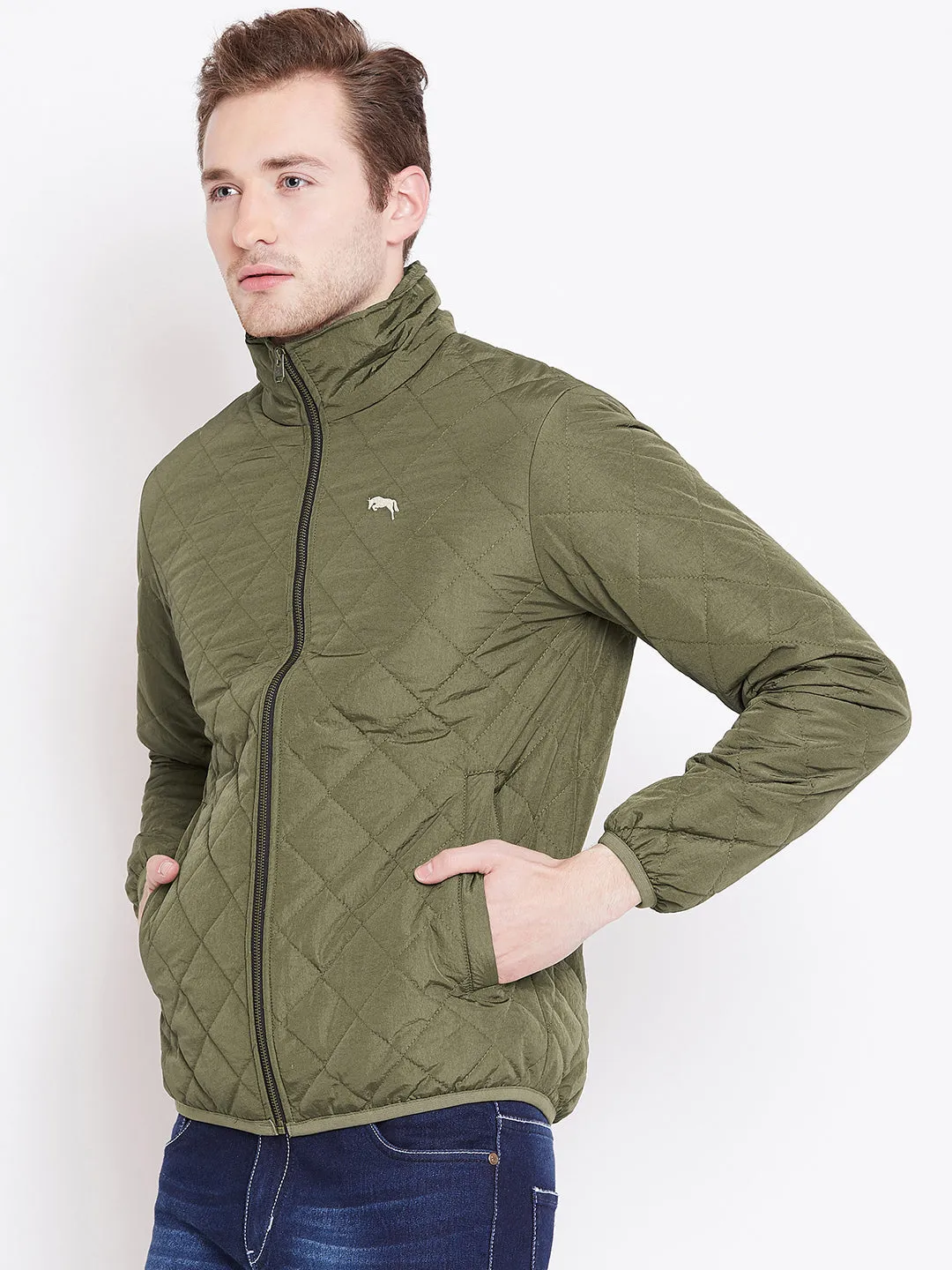 Mens Solid Military Olive Quilted Jacket