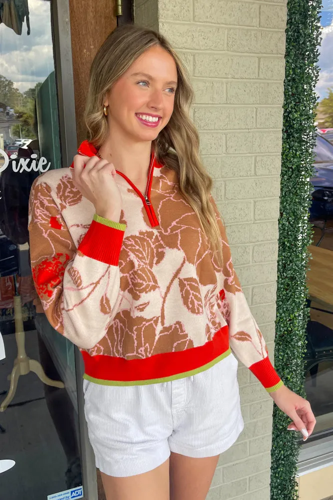 Mock Neck Half Zip Floral Sweater-Orange