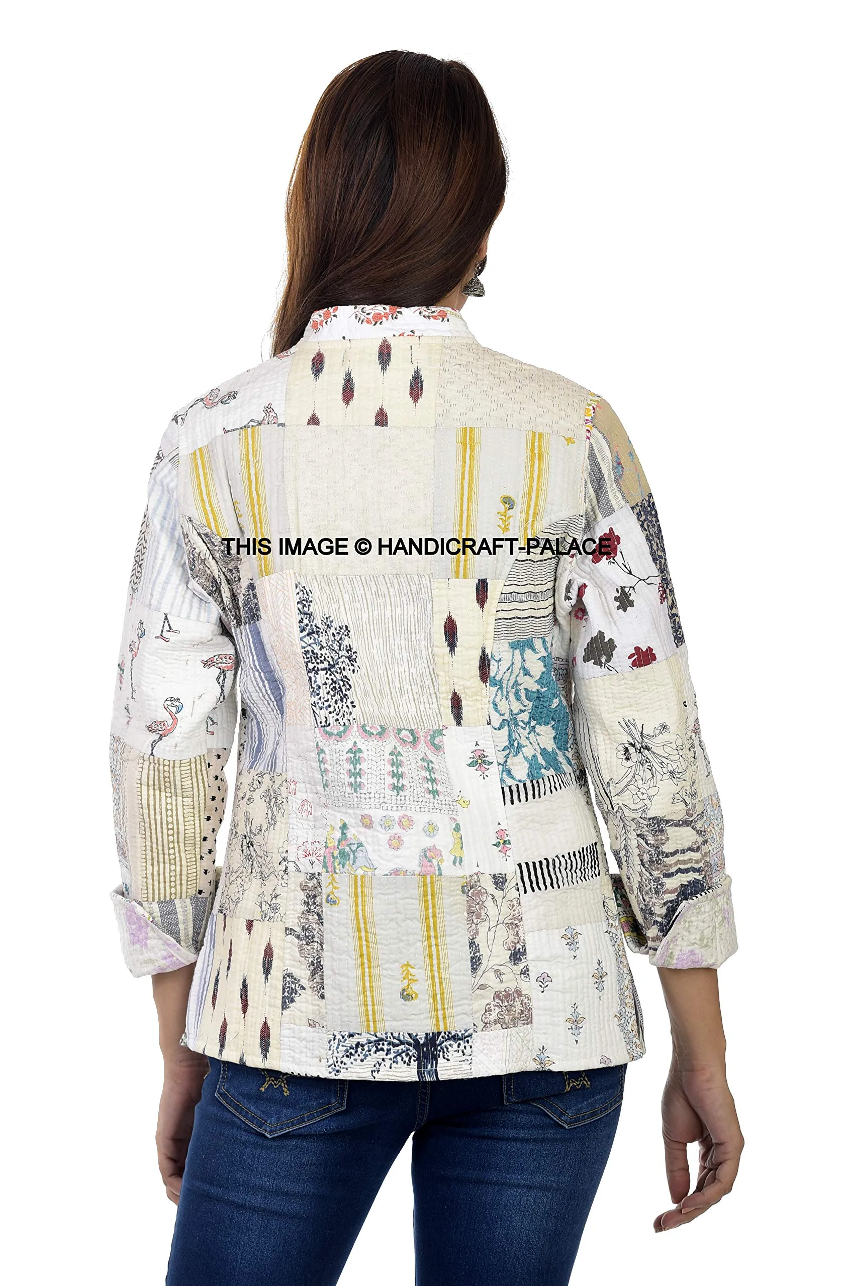 Ravaiyaa - Attitude is everything Women Reversible Floral Print Jacket Women's Quilted Jacket Girls Patchwork Decor Coat Cotton Blazer Jacket Long Sleeve (White, X-Large)