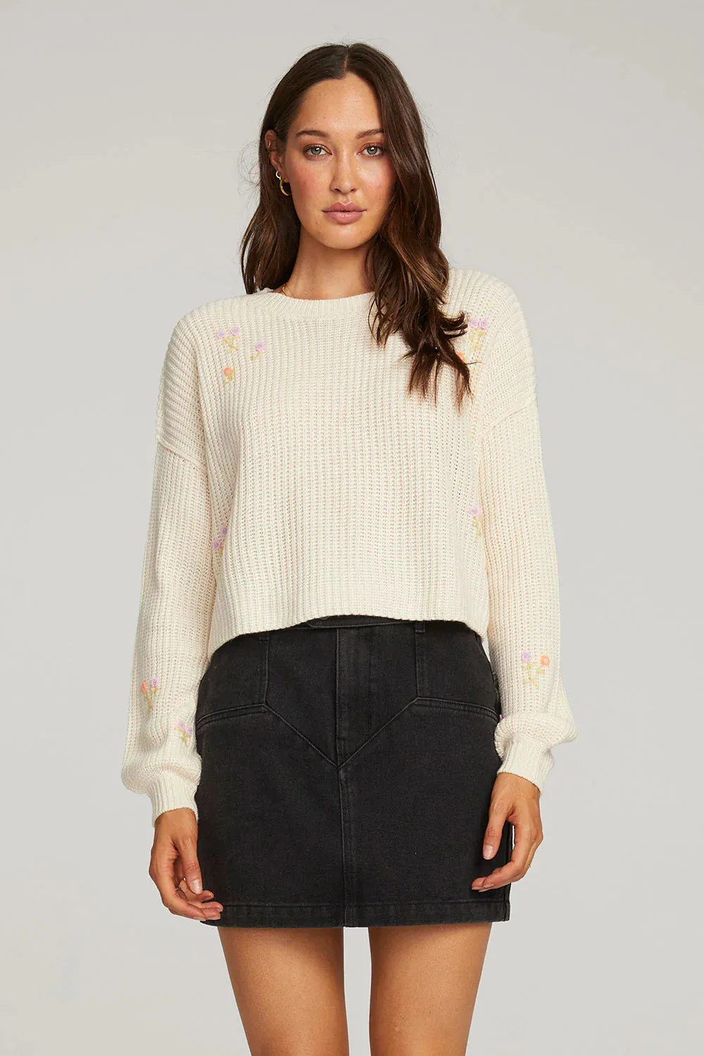 SAL Charmed Embroidered Flower Sweater in Natural