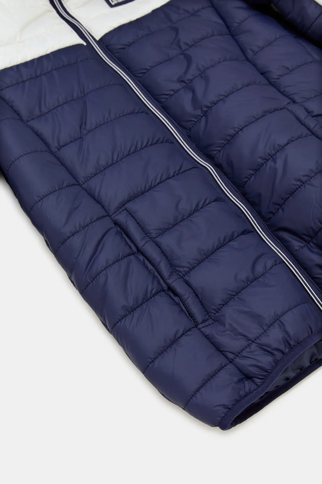 Senior Boys White And Navy Zip Thru Colorblock Puffer Jacket