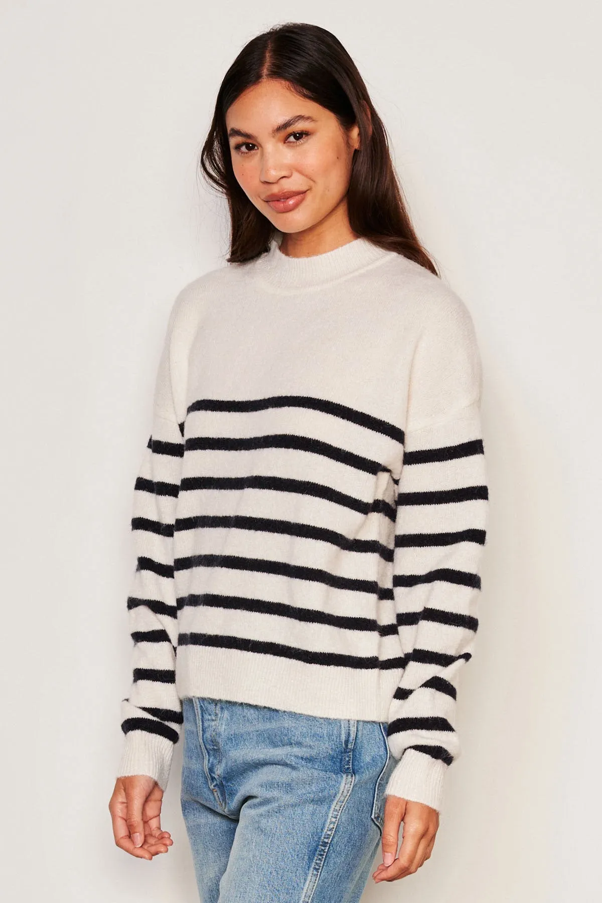 Sundry Stripes Mock Neck Cozy Sweater in Oyster