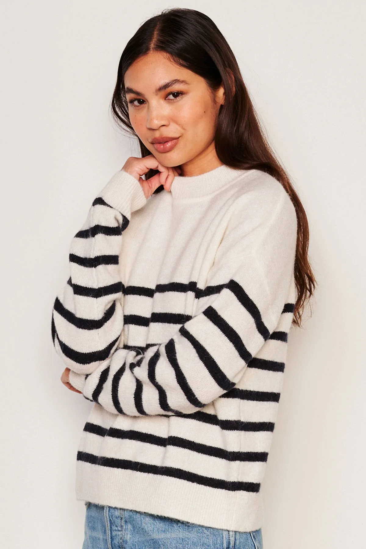 Sundry Stripes Mock Neck Cozy Sweater in Oyster