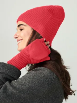 White   Warren - Cashmere Plush Rib Beanie in Candy Red