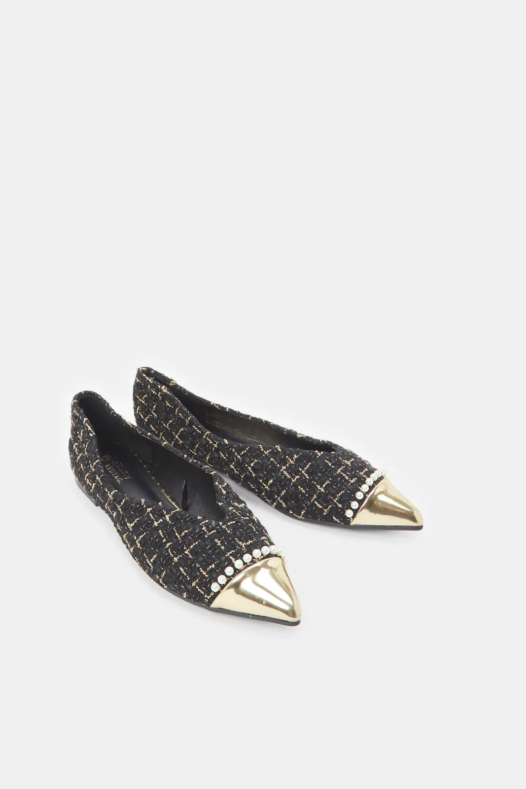 Women Black Tweed Pointy Ballerina