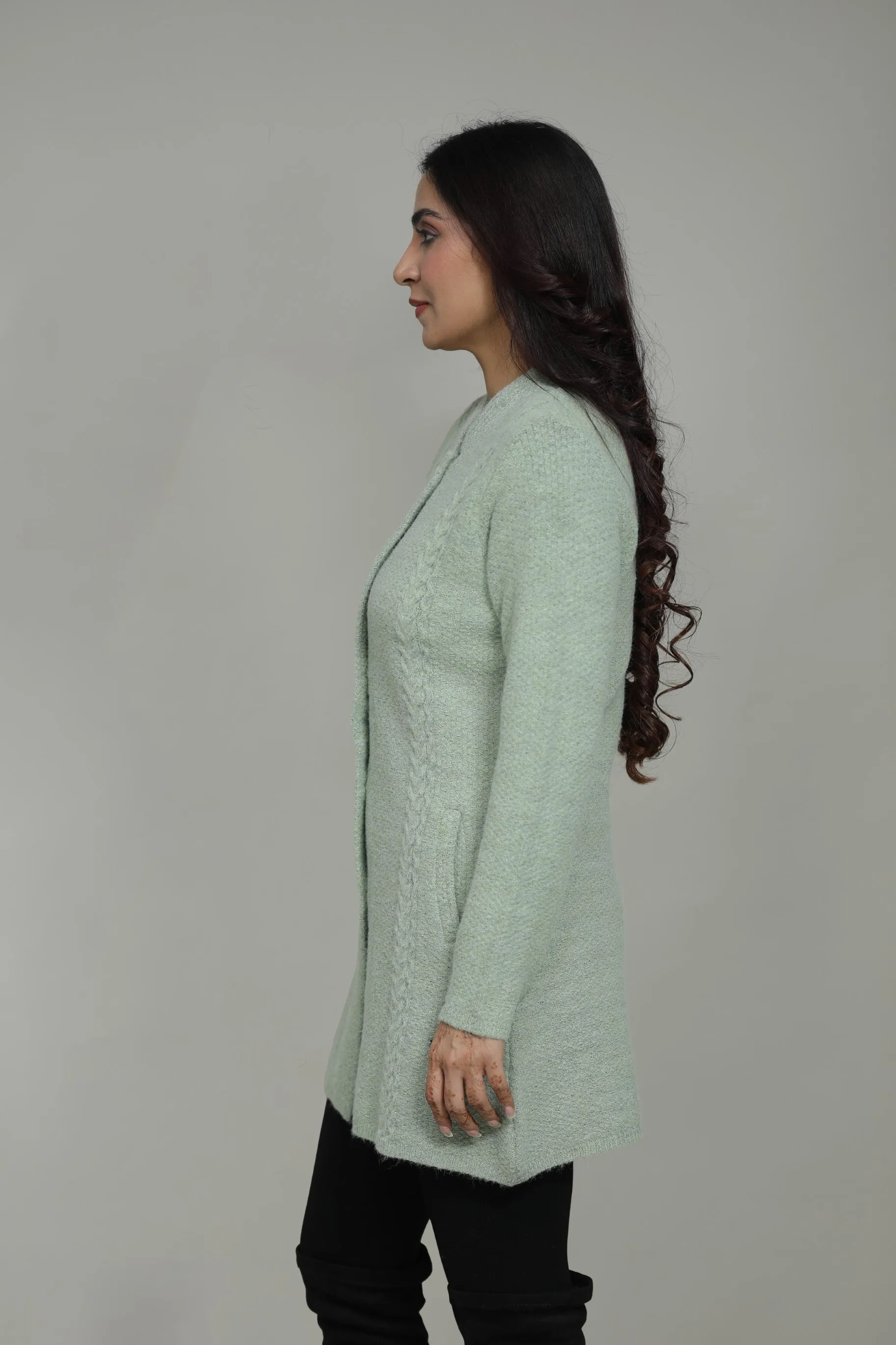 Women Knitted T-Neck Long Coat With Front Buttons