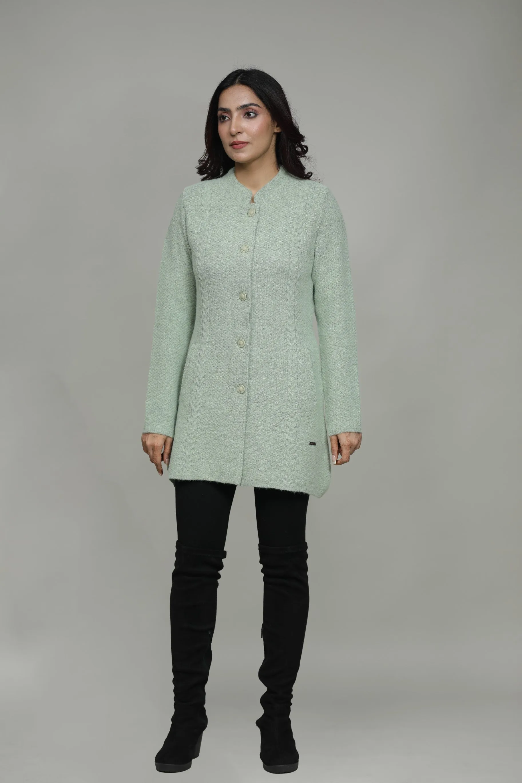 Women Knitted T-Neck Long Coat With Front Buttons