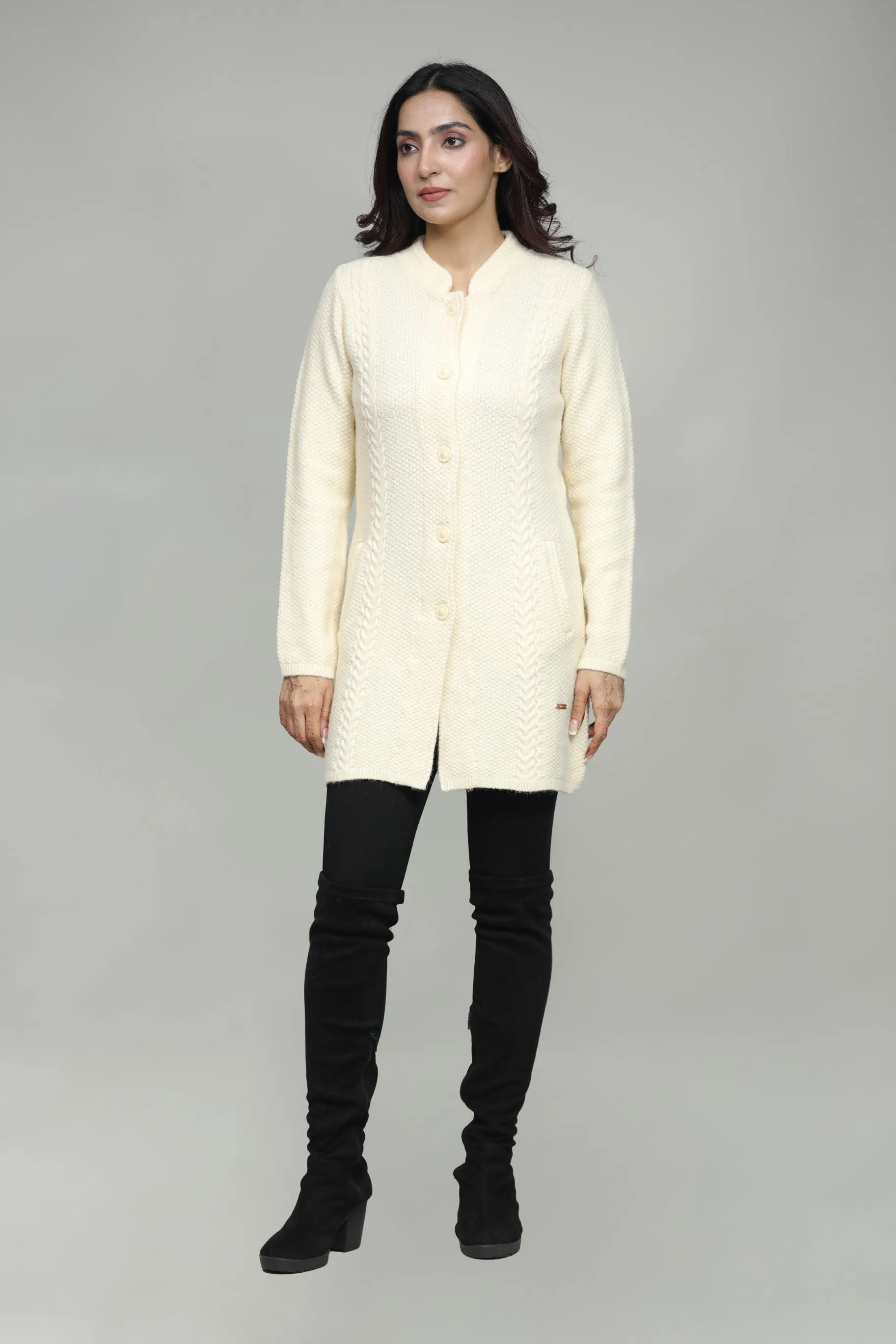 Women Knitted T-Neck Long Coat With Front Buttons