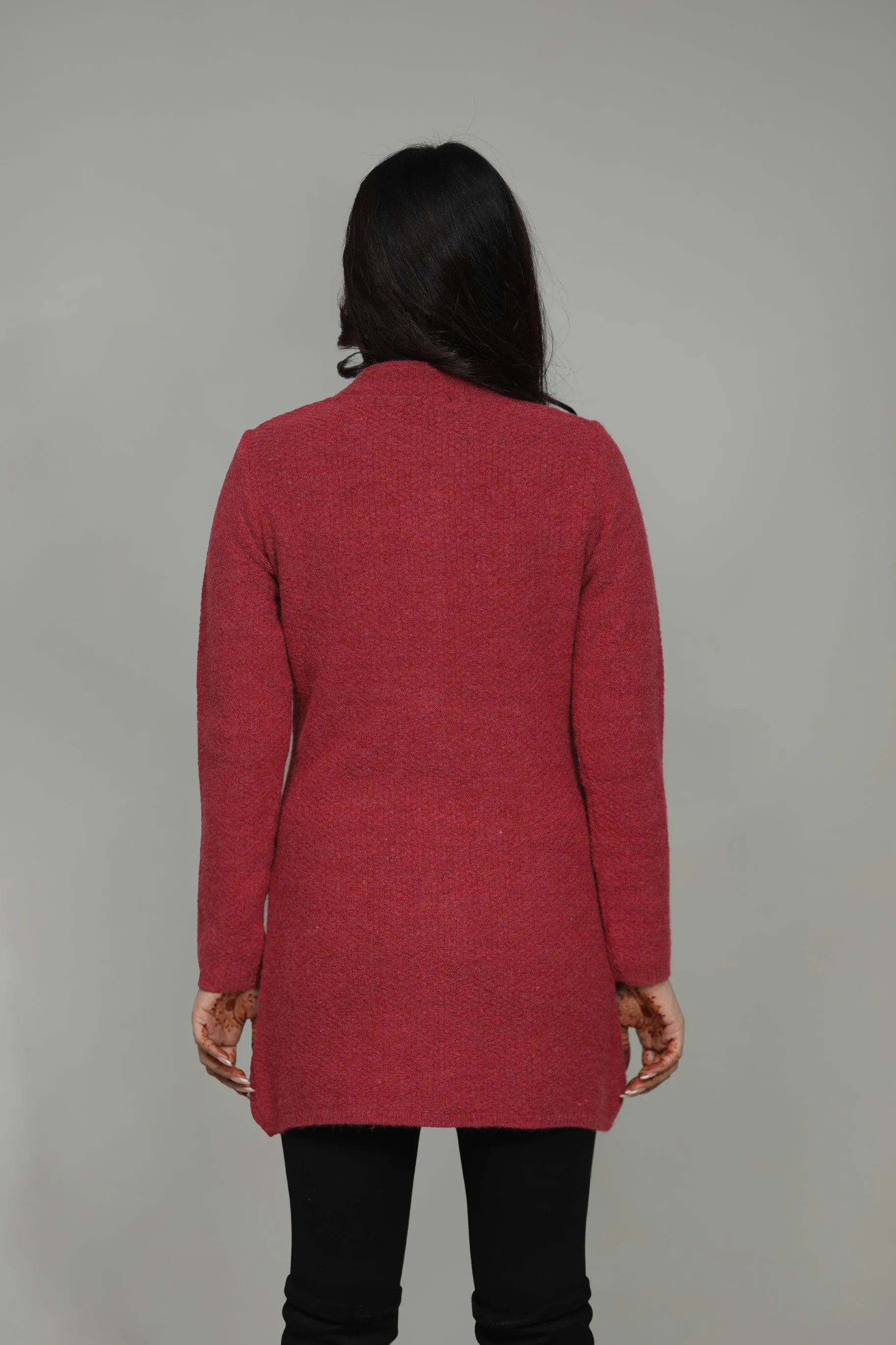 Women Knitted T-Neck Long Coat With Front Buttons