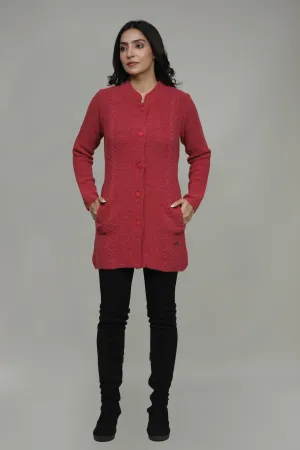 Women Knitted T-Neck Long Coat With Front Buttons